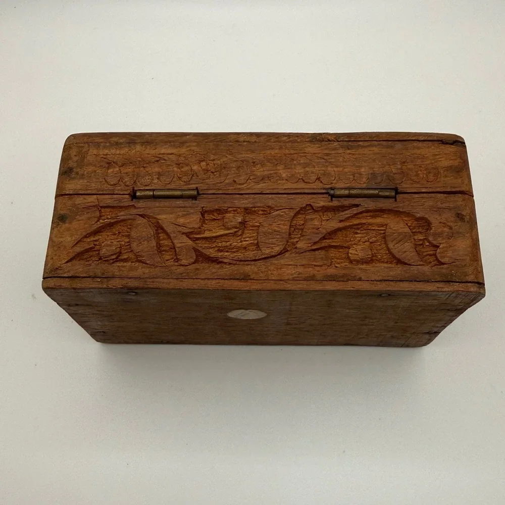 Vintage Hand Carved Wood Jewelry Box India Floral Inlay Small Trinket Keepsake